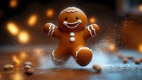 Cheerful gingerbread man cookie with white icing decoration jumping against blurred festive background with golden bokeh lights.