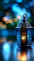 Ornate Moroccan lantern glowing with warm light against blurred blue and gold bokeh background, creating magical evening ambiance.