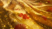 Luxurious golden fabric with red floral pattern in soft focus. Shimmering silk textile with delicate embroidered flowers creates elegant festive background.