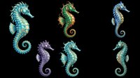 Colorful seahorse collection featuring turquoise, purple, and green designs with detailed scales and fins. Isolated on transparent background, ready for t-shirt designs, clipart, stickers, and print-on-demand products.