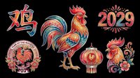 Colorful Chinese New Year 2029 Year of the Rooster clipart set, isolated on transparent background, ready for stickers, t-shirt design, print on demand, sublimation.