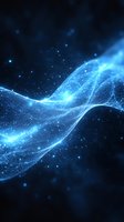 Glowing blue wave of particles and light streams flowing on dark background, creating dynamic futuristic network effect for technology concepts.