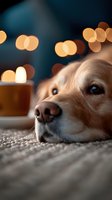 Close-up portrait of golden retriever dog lying on carpet with warm bokeh lights in background, creating cozy atmospheric mood for pet photography and greeting cards.