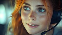 Young Caucasian female pilot with freckles and blue eyes wearing aviation headset in aircraft cockpit, professional aviator portrait for commercial use.