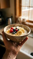 Hand holding rustic bowl of oatmeal topped with fresh berries and banana slices, steam rising, warm kitchen window light, breakfast and healthy eating concept.
