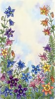 Watercolor floral border with colorful columbine flowers in blue, purple, pink and yellow, framing a soft white center for text or design.