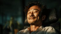 Middle-aged Asian man with closed eyes and peaceful expression enjoying moment of tranquility in warm golden light with dust particles floating around him.
