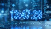 Digital clock display showing time 13:47:29 in glowing blue neon numbers against futuristic server room background with data streams and network connections.