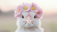 White dove wearing pink daisy flower crown against soft blurred background, close up portrait showing expressive eyes and beak in whimsical spring composition.