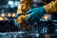 Gloved hands washing rice in rain at night with water splashes and bokeh lights creating atmospheric mood for Asian cuisine and food preparation.