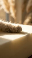 Soft cat paw resting on a sunlit surface with warm golden light and blurred pampas grass in the background, cozy home atmosphere.