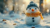Cheerful snowman with knitted hat and orange scarf standing in fresh snow during snowfall, warm sunset light creates magical winter atmosphere with bokeh effect.
