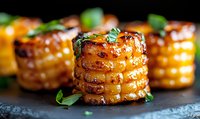 Stacked and caramelized potato rounds garnished with fresh herbs on dark slate surface, glazed with honey and butter sauce showing gourmet presentation technique.