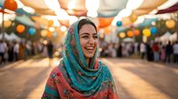 Young South Asian woman in colorful traditional hijab smiling joyfully at outdoor cultural festival with warm bokeh lights and crowd background.