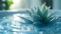 Serene agave plant floating in crystal clear rippling water with sunlight creating sparkles and bokeh effect, captured in soft turquoise tones for spa and wellness.