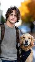 Young Caucasian male with wavy brown hair wearing gray sweater poses with golden retriever service dog in black vest against autumn background. Perfect for disability awareness.
