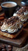 Puff pastry eclair filled with chocolate cream and topped with whipped cream, chocolate chips, and cocoa powder on rustic wooden board with coffee cup and beans.