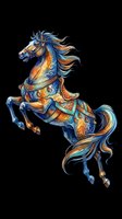 Ornate horse with flowing mane and tail in blue and gold tones, decorated with intricate saddle and harness details, isolated on transparent background for t-shirts, stickers, and print-on-demand designs.