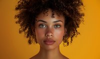 Young mixed-race woman with curly afro hair and striking blue eyes against warm orange background for beauty and diversity campaigns.