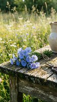 Rustic wooden table with blue wildflowers and ceramic pitcher in sunny meadow setting for natural lifestyle and country living concepts.