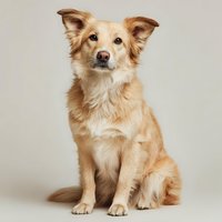 Golden-brown mixed breed dog with alert expression sitting against neutral background, perfect for pet adoption or veterinary services.