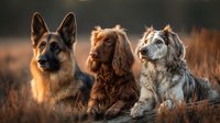 Three dogs sitting together in golden hour sunlight on grass field. German Shepherd, Cocker Spaniel and Australian Shepherd breeds posing outdoors in warm evening light.