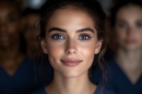 Young woman with natural makeup and gentle smile looking directly at camera, dark hair pulled back, soft lighting highlights facial features against blurred background.