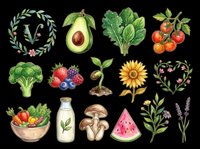 Organic vegetables, fruits, herbs and botanical elements isolated on transparent background, ready for t-shirt design, clipart, stickers, print-on-demand products and sublimation projects.