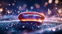 Glowing magical pebble on sparkling surface with bokeh lights and mystical atmosphere creates dreamy cosmic scene for fantasy or spiritual designs.