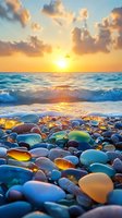 Colorful sea pebbles on beach at dramatic sunset with waves and golden sky. Ocean waves wash over smooth stones creating magical light reflection.