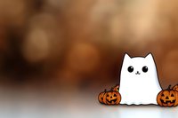 Cute ghost cat character with jack o lantern pumpkins on brown bokeh background, Halloween themed kawaii illustration for seasonal greeting cards and decorations.