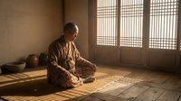 Mature Asian male monk in traditional brown robes meditating in lotus position on wooden floor in minimalist temple room with latticed windows casting geometric shadows, spiritual practice and mindfulness.