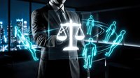 Professional businessman in suit holding glowing digital justice scales with holographic figures in modern office at night representing legal technology.