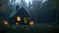 Spooky Halloween cottage in dark forest with glowing jack-o'-lanterns and ivy-covered roof creating eerie atmosphere for seasonal celebration.