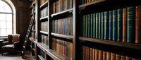 Classic library interior with wooden bookshelves filled with vintage leather-bound books and rolling ladder for academic research and study environments.