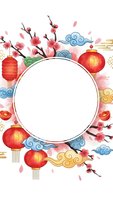 Chinese New Year celebration frame with red lanterns, cherry blossoms, clouds and traditional elements on white background for festive design projects.