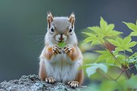 Adorable red squirrel sitting upright on tree bark with bright green foliage in soft focus background for wildlife and nature photography projects.