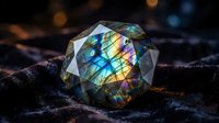 Multifaceted crystal gemstone displaying vibrant rainbow light reflections and prismatic colors on dark textured surface with bokeh background.