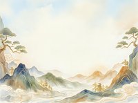 Serene mountain landscape with misty valleys, traditional Asian brush painting style, featuring layered peaks in blue, green, and gold tones with pine trees and flowing water patterns.