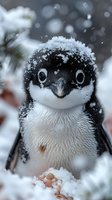 Close-up portrait of an adorable penguin chick with snow flakes on its head and bright eyes looking directly at camera against blurred winter background.