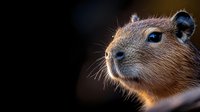 Close-up portrait of capybara with soft rim lighting highlighting fur texture and whiskers against dark background, showing curious expression and distinctive features.