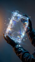 Hands holding glowing neon-framed digital tablet with holographic light effects and particles, representing future technology, innovation, and digital transformation for business applications.