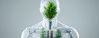 Conceptual visualization of human respiratory system with green plants growing inside transparent anatomical model showing connection between nature and health.
