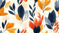 Seamless floral pattern with navy blue and orange leaves on light background. Watercolor botanical elements create modern repeat design for fabric and decor.