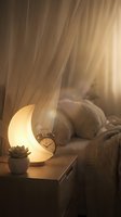Cozy bedroom nightstand with glowing crescent moon lamp, alarm clock and succulent plant creating warm ambient lighting for relaxation and sleep.
