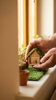 Hands holding a tiny wooden house model with moss roof near window, green plants and terracotta pots, eco home and real estate concept.