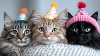 Three adorable cats wearing colorful winter knit hats with pom-poms, snuggled together on a cozy knitted blanket, creating a festive holiday mood.