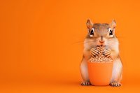 Funny chipmunk with stuffed cheeks holding orange ceramic flowerpot filled with seeds against vibrant orange background, humorous wildlife concept.