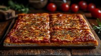 Homemade square pizza with crispy crust, melted cheese and herbs on rustic wooden board, fresh cherry tomatoes and rosemary in background, food photography.