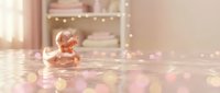 Rose gold rubber duck floating in sparkling water with warm bokeh lights creating dreamy bathroom atmosphere for luxury spa and wellness concepts.